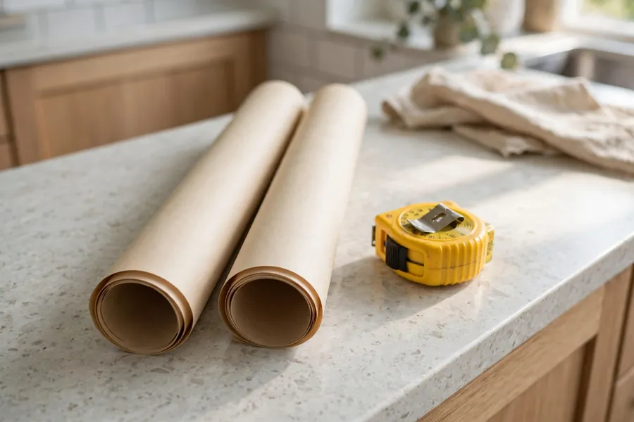 Rolled plans and a tape measure on a kitchen counter