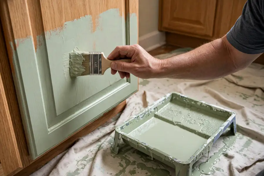 Hand painting a kitchen cabinet door with a brush