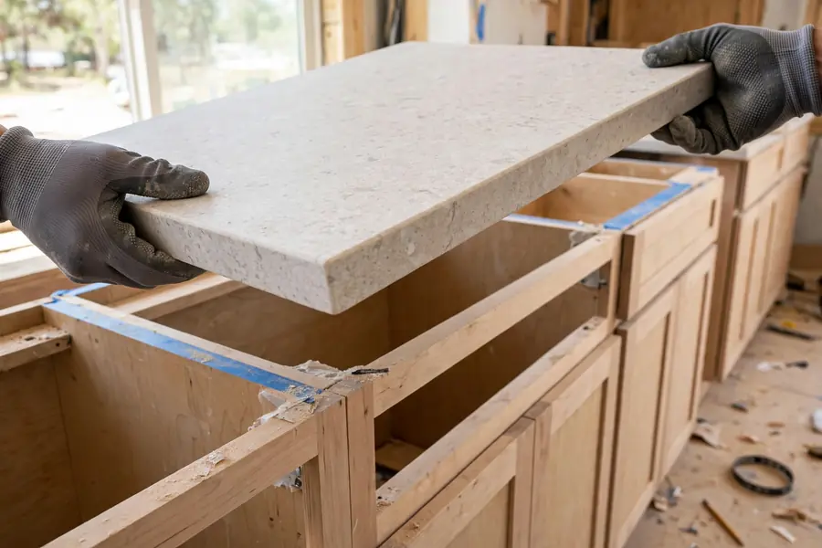Light stone countertop slab being set onto kitchen base cabinets