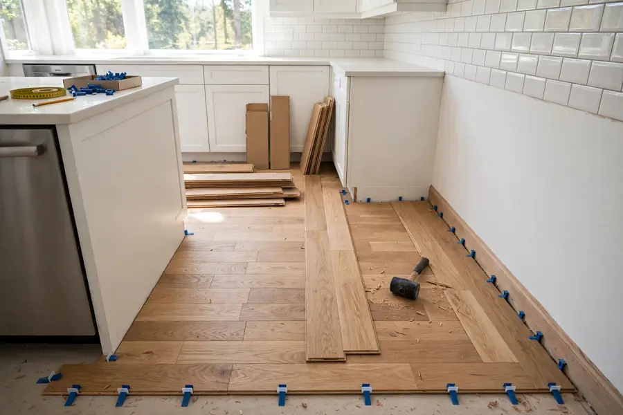 Wood floor planks being laid in a kitchen