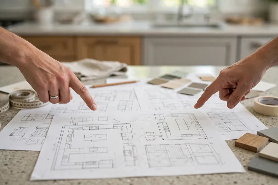 Hands pointing at kitchen remodel plans spread on a counter