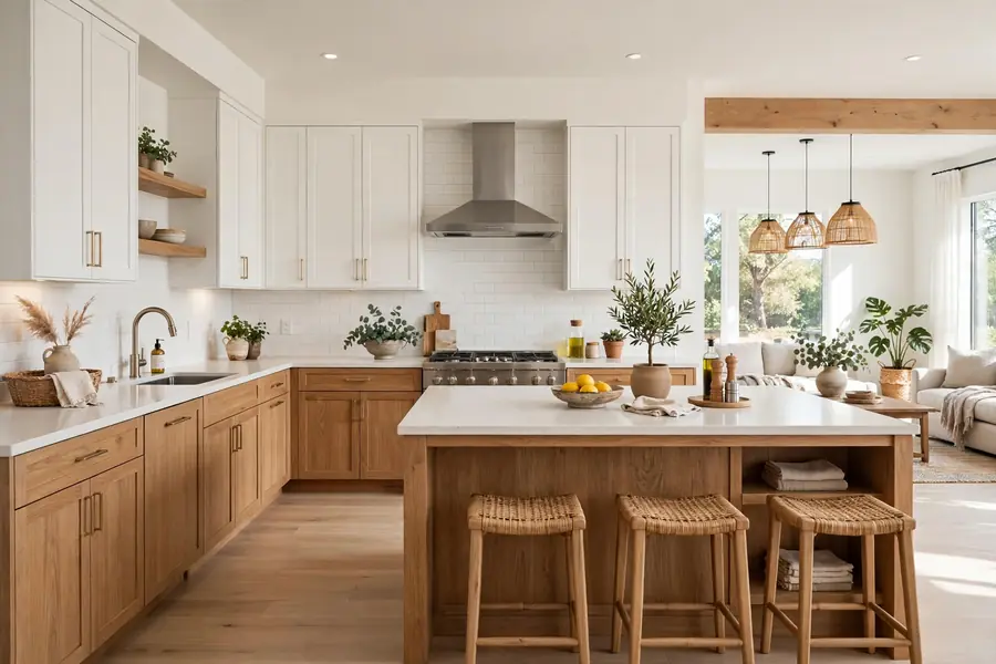 Open-plan kitchen with an L-shaped layout and a large island