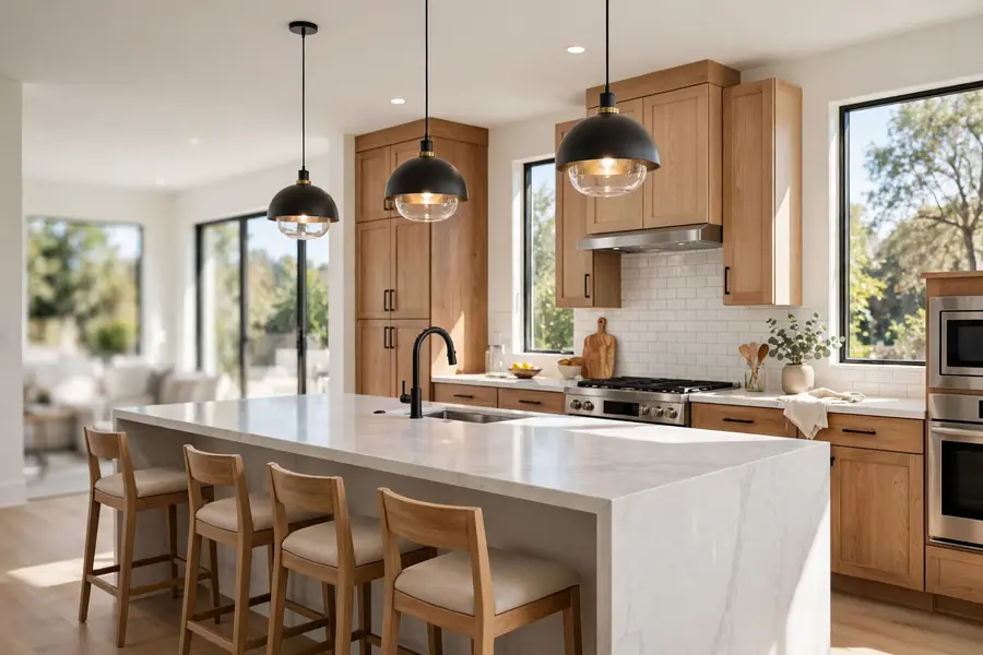 Finished remodeled kitchen with a large island and pendant lights