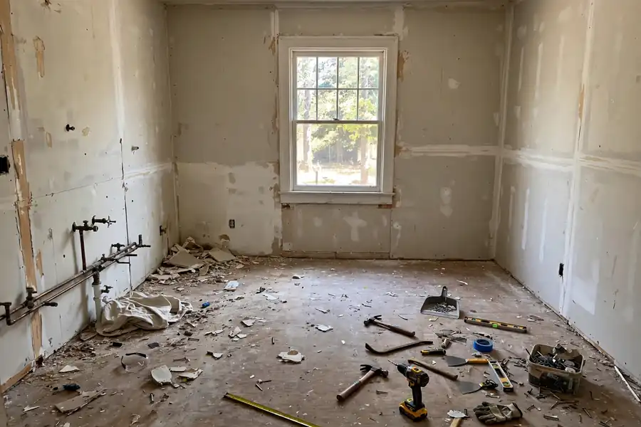 Kitchen mid-remodel with old cabinets removed and tools on the floor