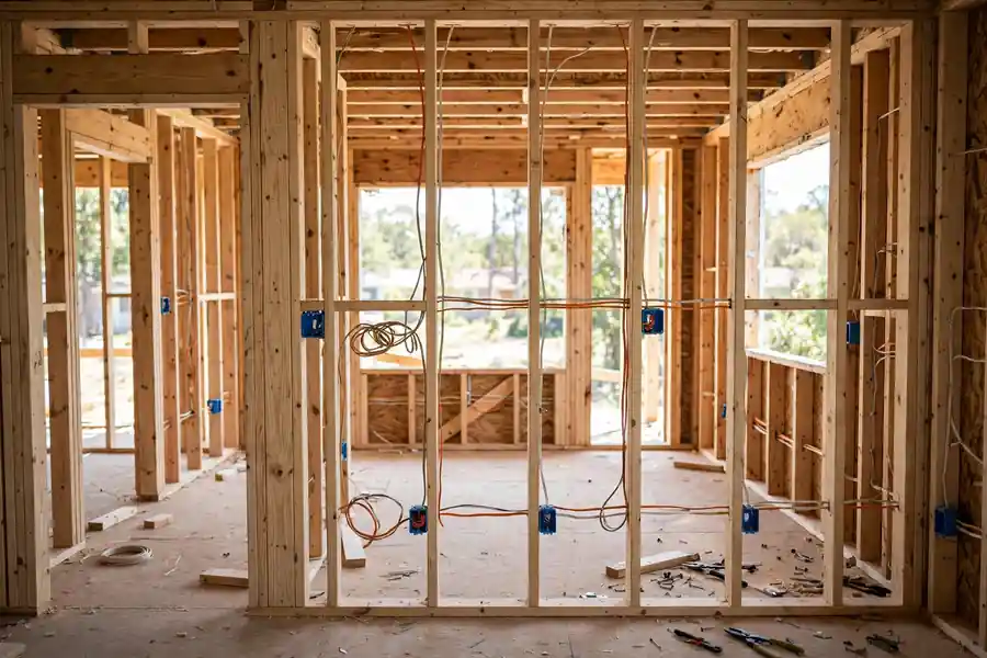 New wood framing and electrical wiring in a kitchen under remodel