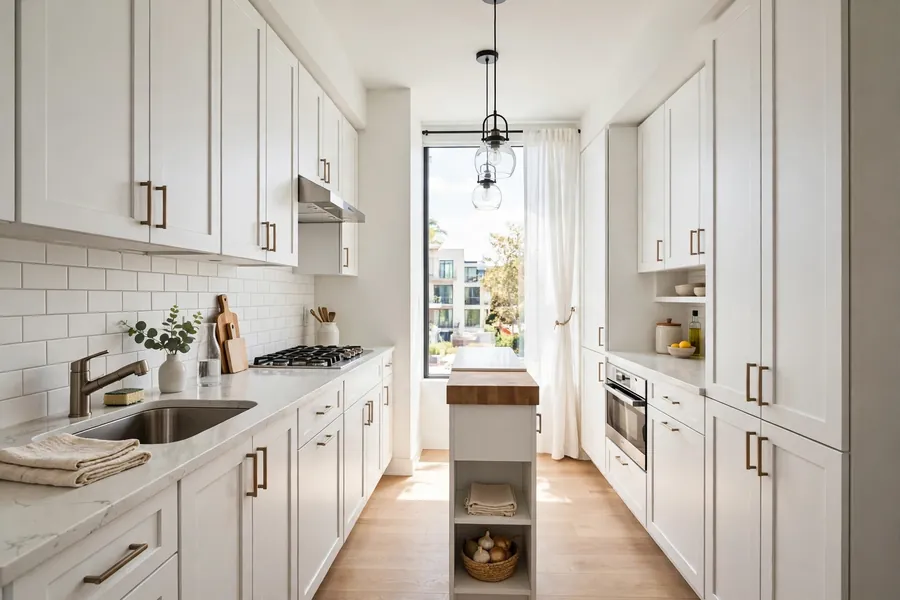 Compact galley kitchen in a condo with white cabinets