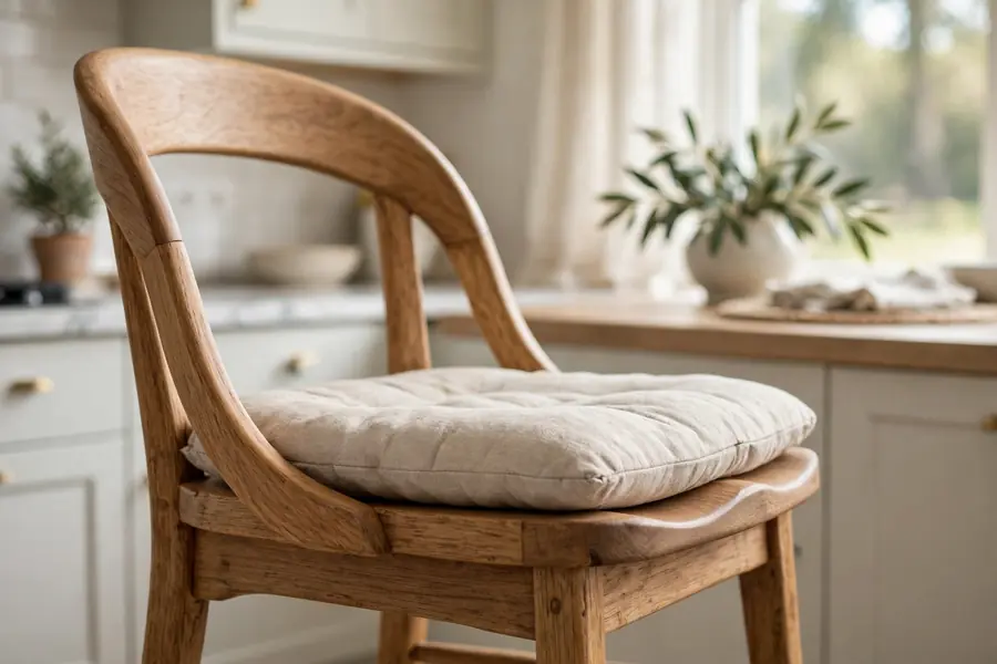 Wooden dining chair with a curved backrest and a padded seat cushion in a bright kitchen