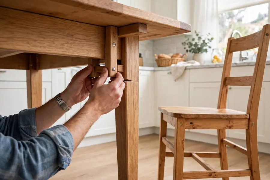 Hands checking a wooden table leg joint under a kitchen tabletop, with a chair standing beside the table