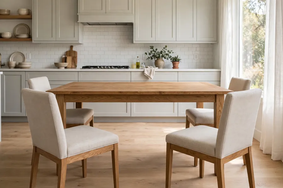 Rectangular wooden dining table with chairs tucked in, showing clear floor space to the kitchen cabinets behind them