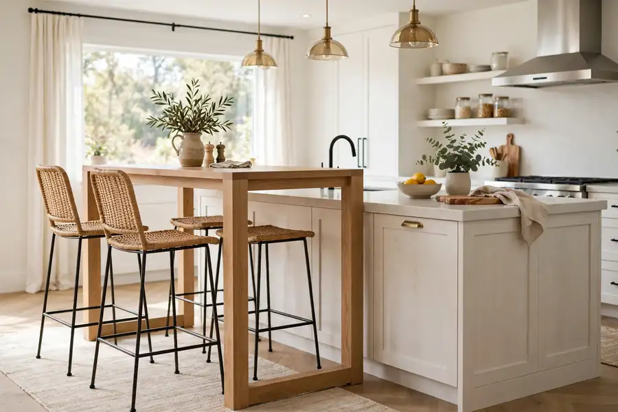 Tall counter-height wooden table with stools beside a kitchen island at the same height