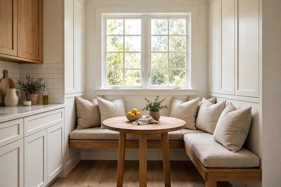 Corner breakfast nook with cushioned bench seating and a small round wooden table under a window