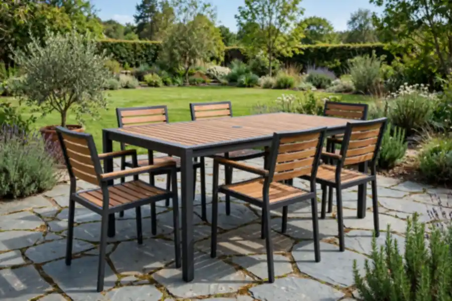 Outdoor dining table and six chairs with dark metal frames and wood slats on a stone patio in a garden