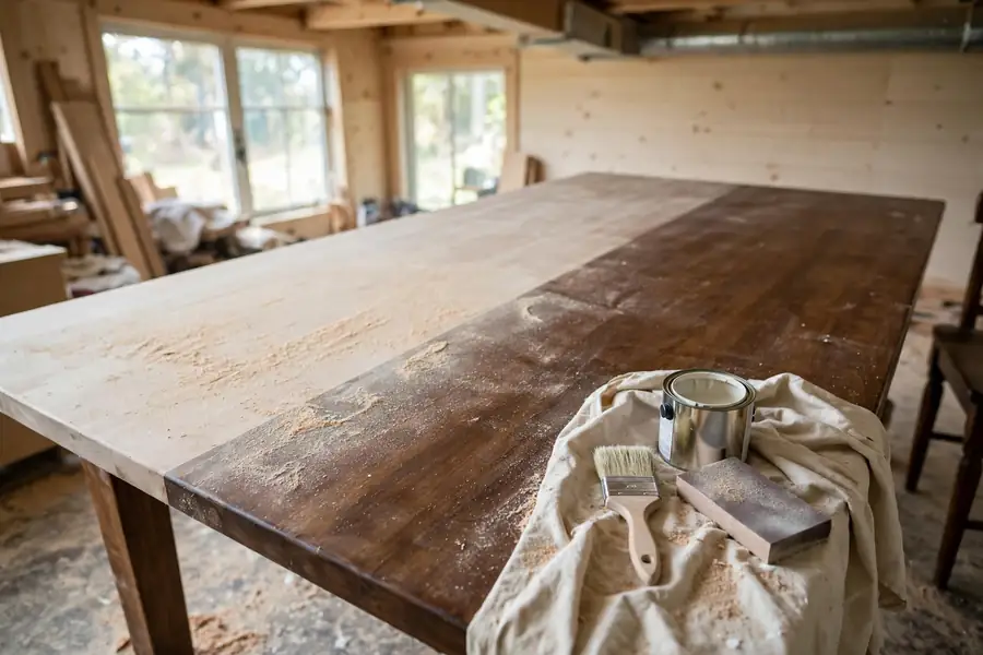 Wooden kitchen table with a half-sanded top, paint can, brush, and sanding block on a drop cloth