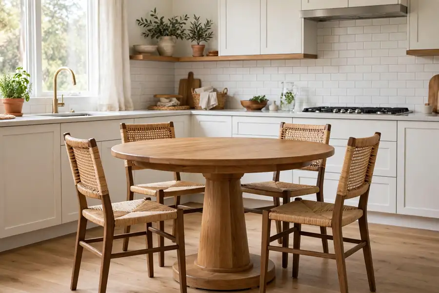 Round wooden pedestal dining table with a single central base and four woven chairs tucked in around it