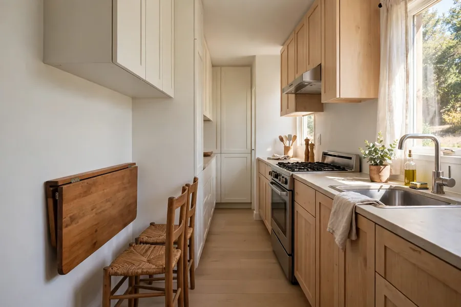 Narrow galley kitchen with a wooden folding table folded flat against the wall and two chairs beside it
