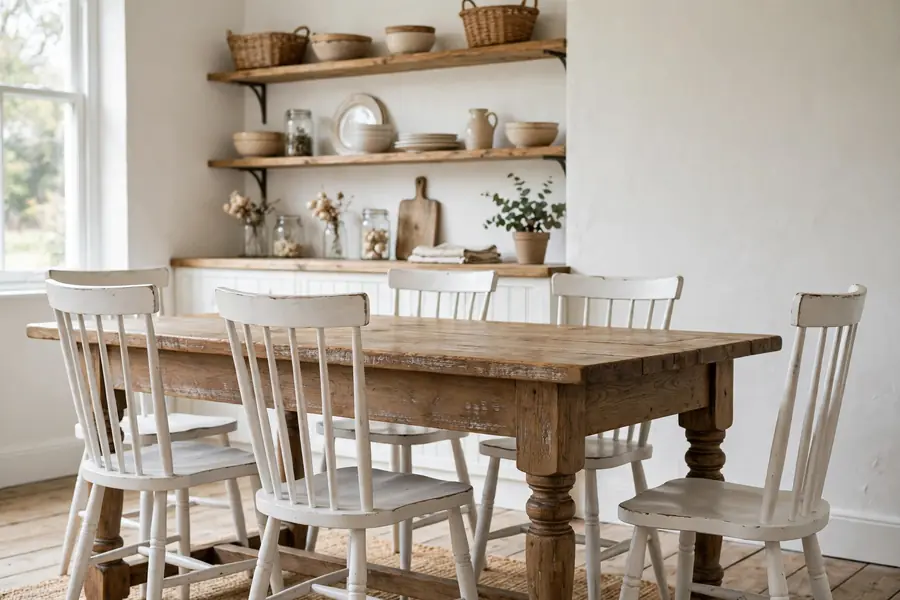 Farmhouse kitchen table with a thick plank top, turned legs, and white painted chairs