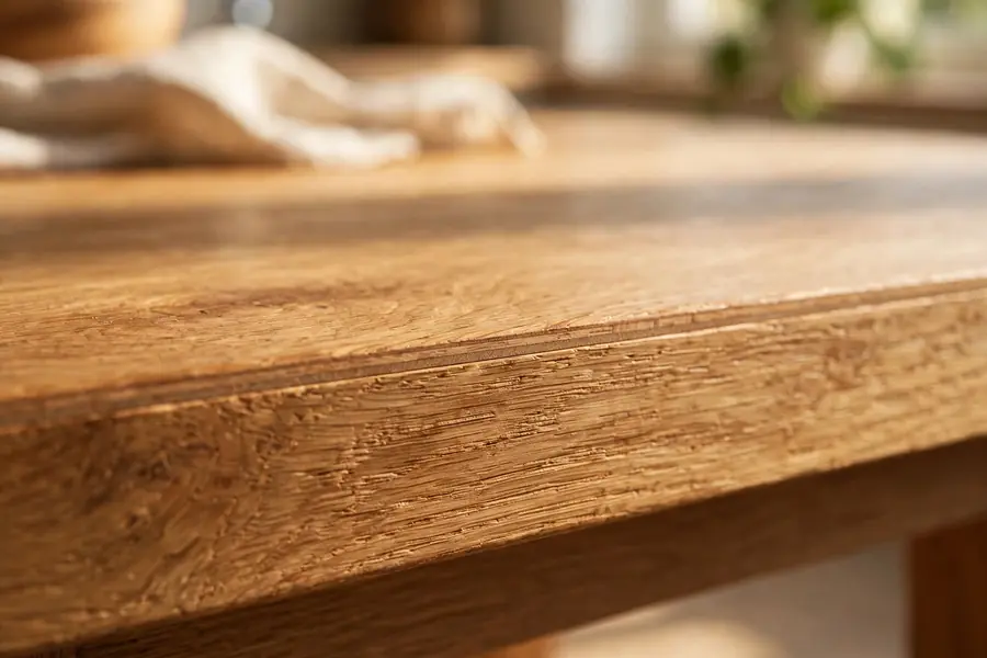 Close-up of a solid oak kitchen tabletop showing wood grain and a thick table edge