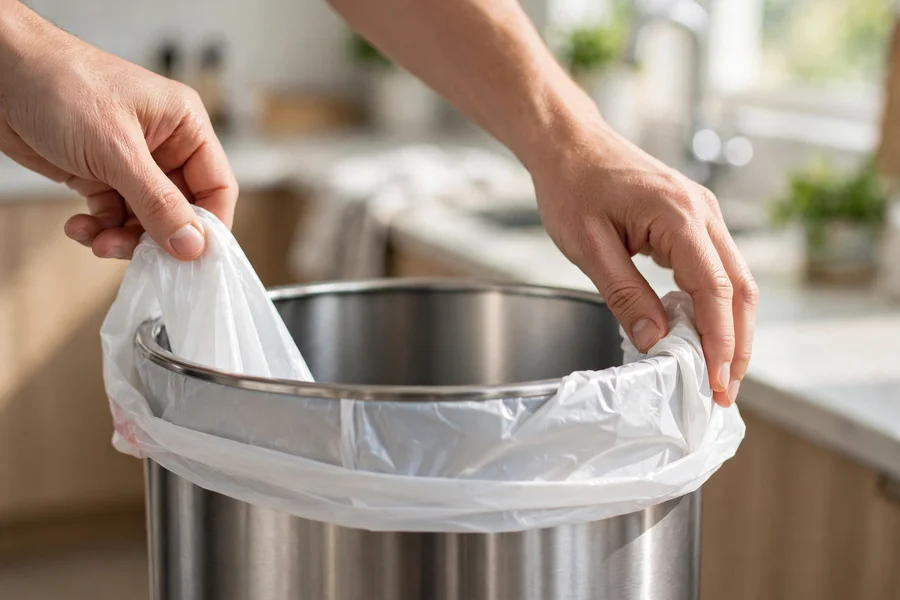 Hands folding a trash bag over the rim of a stainless steel kitchen trash can