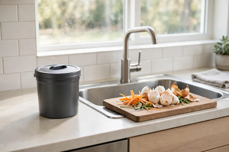 Small lidded compost pail on a kitchen counter beside a sink, with vegetable scraps and eggshells on a cutting board