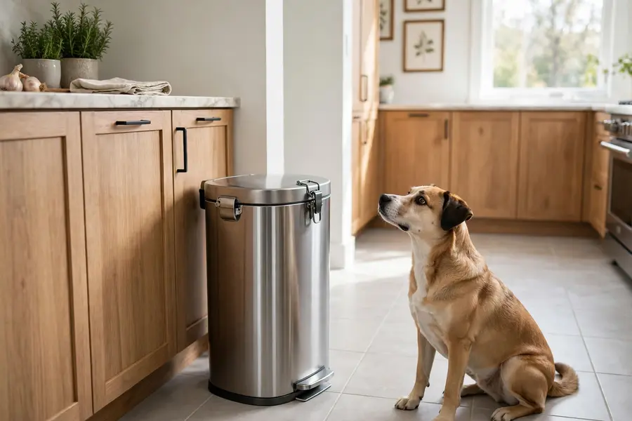 Dog sitting beside a closed stainless steel kitchen trash can with a latched locking lid