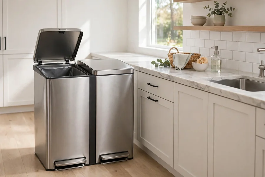 Stainless steel dual-compartment trash and recycling can with one lid open beside a kitchen counter