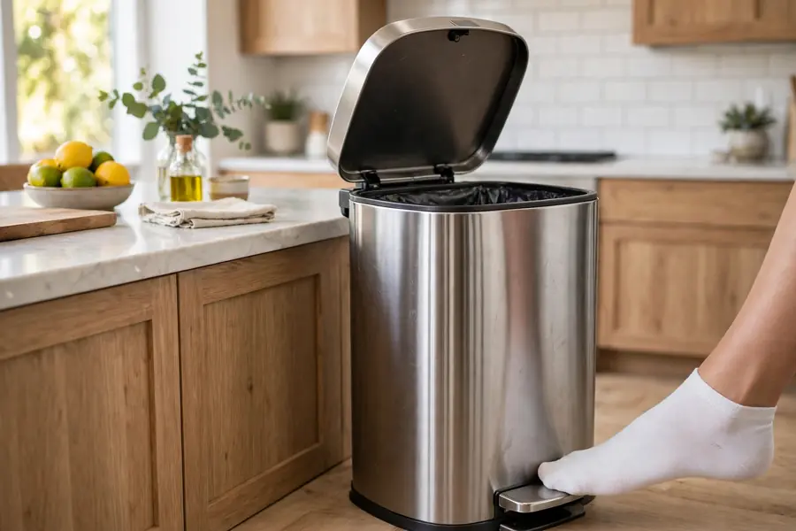 Stainless step-pedal trash can with its lid open as a foot presses the pedal