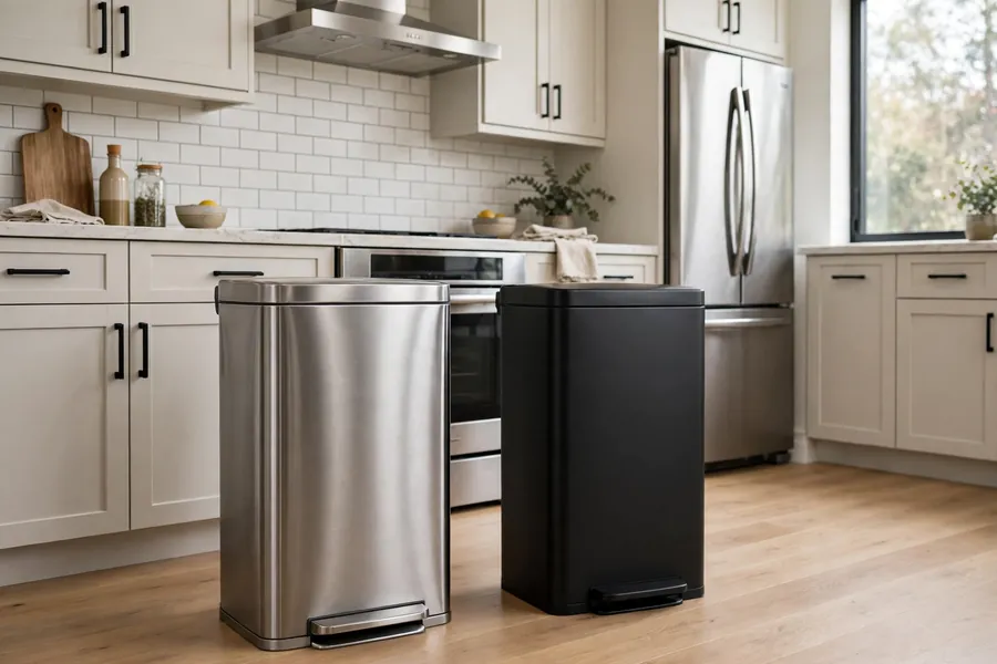 Brushed stainless steel and matte black kitchen trash cans side by side in a kitchen with stainless appliances and black hardware