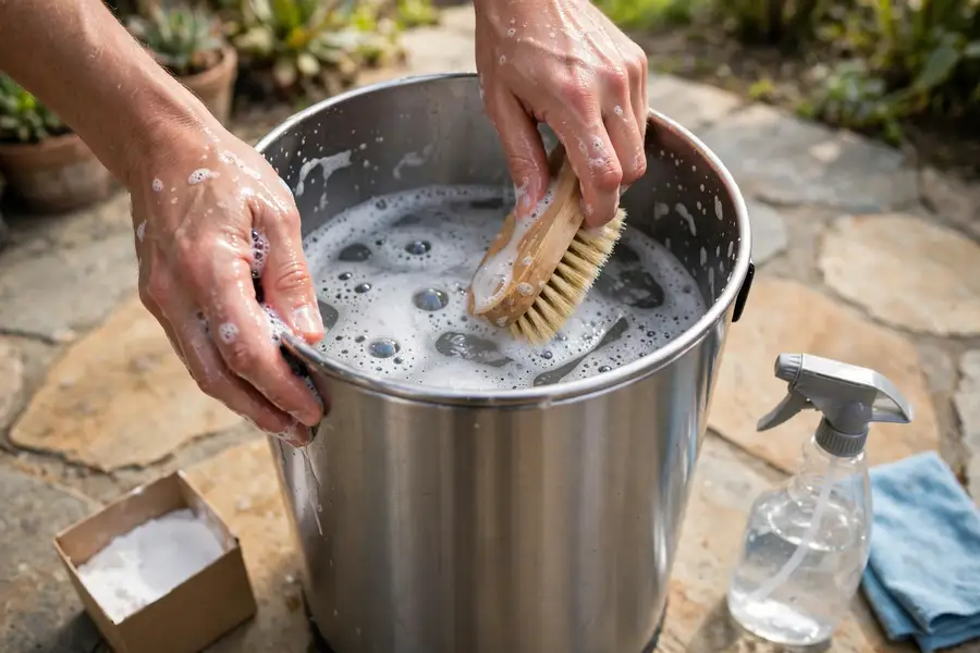 Hands scrubbing a stainless steel kitchen trash can with a brush in soapy water outdoors, with baking soda nearby