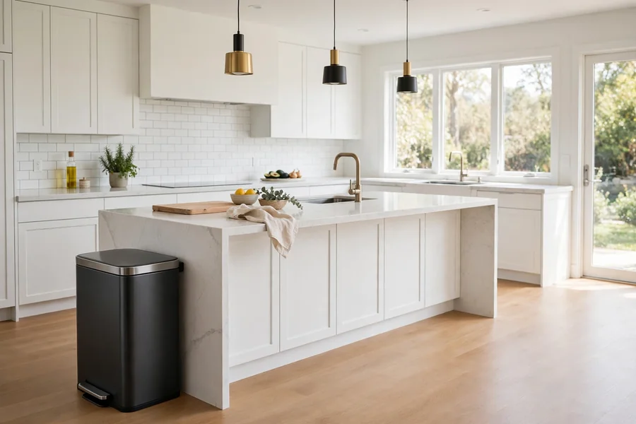 Black step-on trash can at the end of a kitchen island with clear floor space around it
