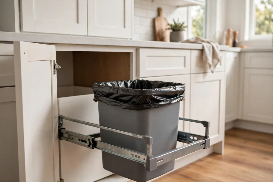 Pull-out trash bin on sliding rails inside an open kitchen cabinet