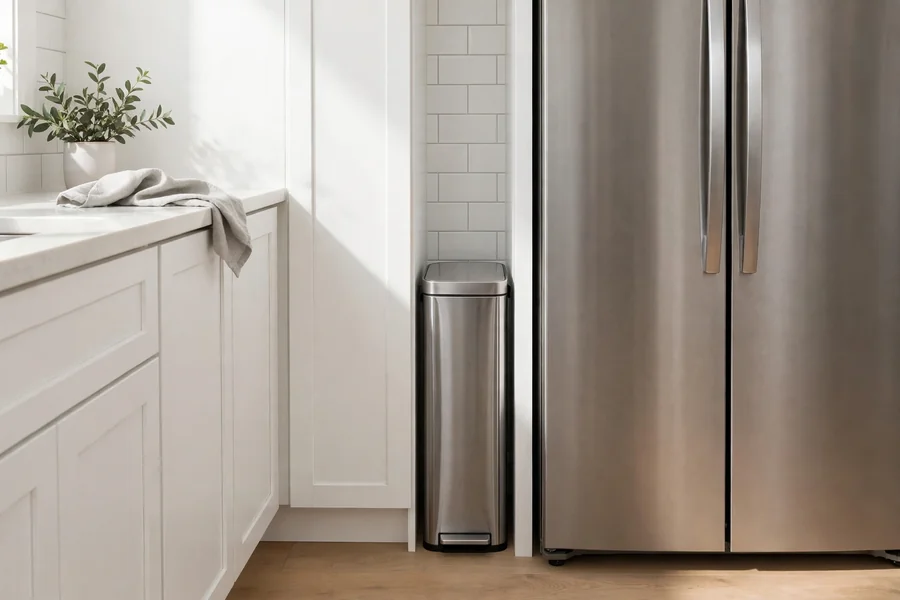 Slim narrow trash can fitted in the gap between kitchen cabinets and a refrigerator