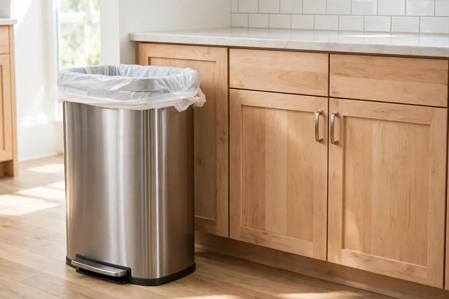 Tall stainless steel kitchen trash can with a bag fitted, standing beside wood cabinets below counter height