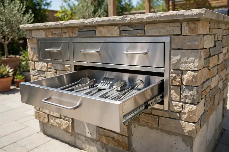 Stainless steel outdoor kitchen cabinets and drawers set into a stone-clad island with vents near the base.
