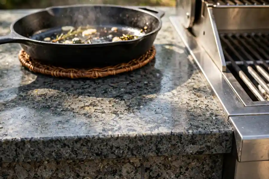 A granite outdoor kitchen counter with a built-in grill, sink, and prep space in bright sunlight.