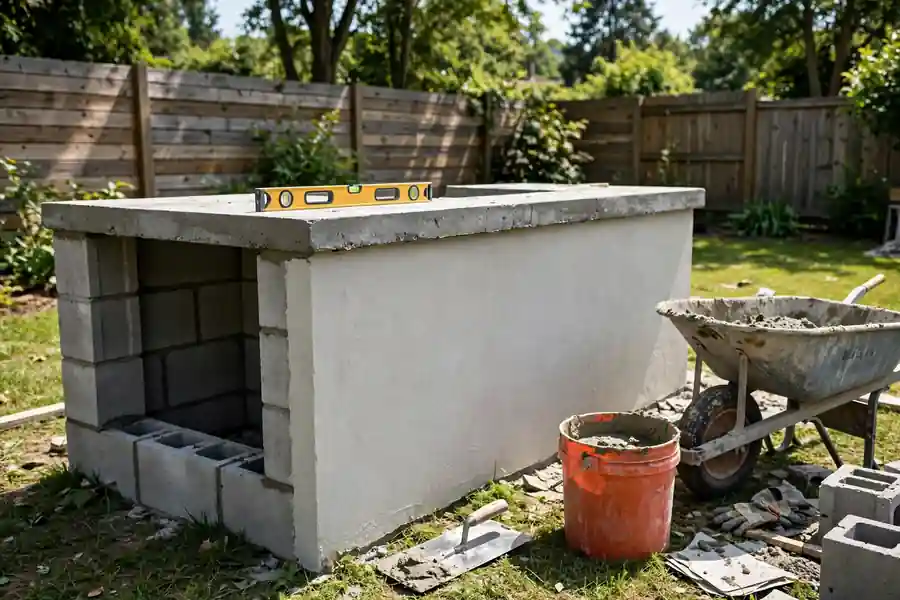 A cinder block outdoor kitchen base being finished with stone veneer and a concrete counter on an existing patio.