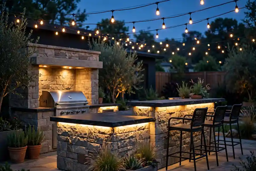An outdoor kitchen island lit for evening cooking, with bar stools, string lights, and a grill glowing under task lighting.