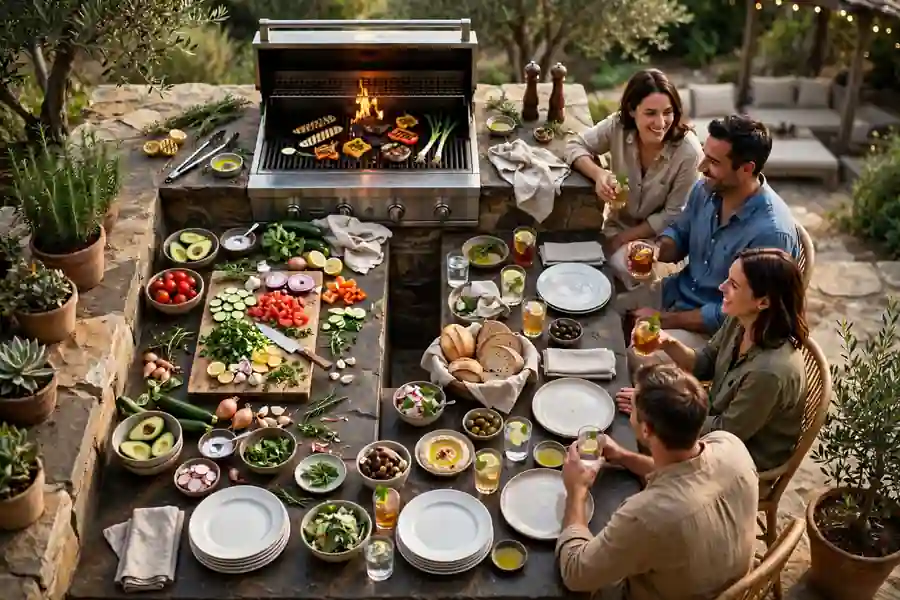 An L-shaped outdoor kitchen with cooking, prep, and serving zones marked by counter space and bar stools.