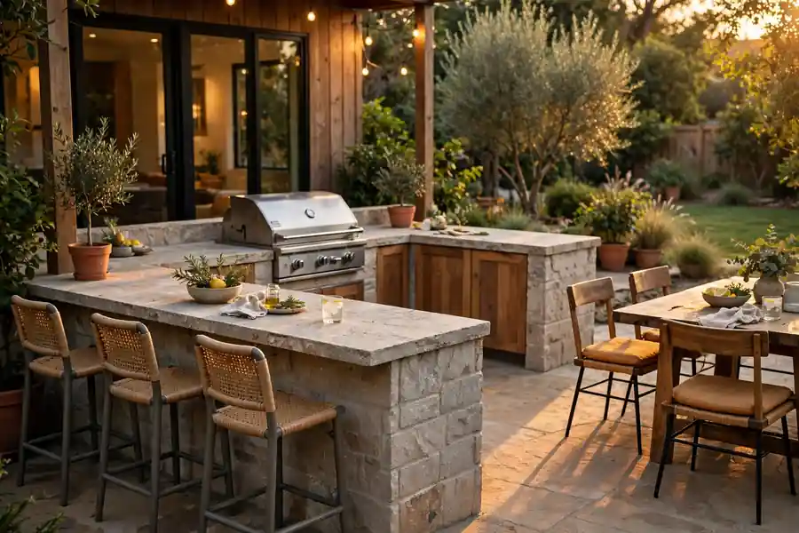 A built-in outdoor kitchen with a gas grill, stone counter, and bar seating under a pergola on a patio.