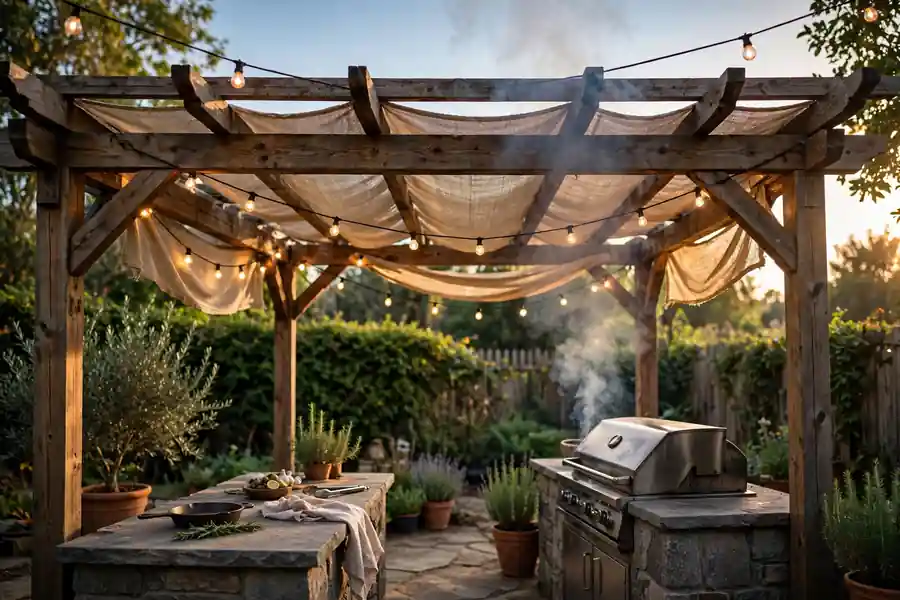 A solid roof pavilion over an outdoor kitchen with a grill island, dining table, and string lights.