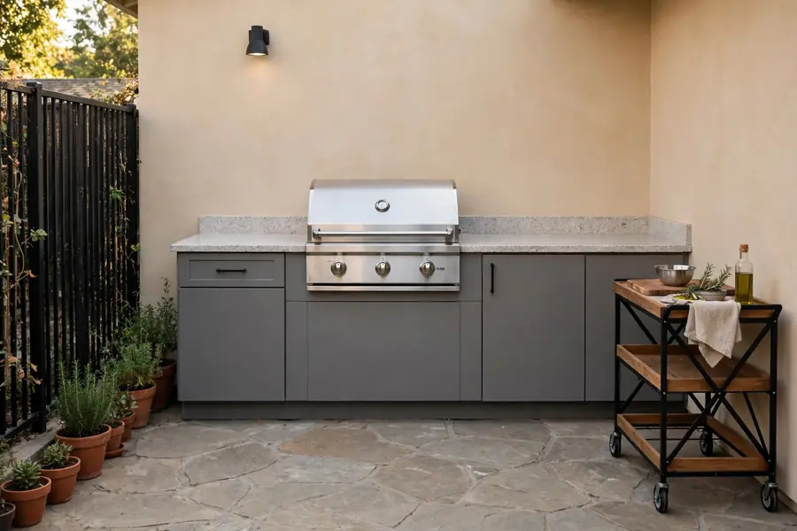 A compact straight-run outdoor kitchen with a grill and prep counter along a fence on a small patio.