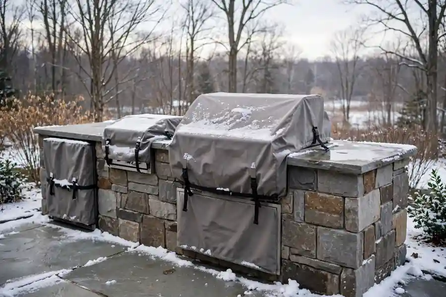 An outdoor kitchen grill and island covered with fitted breathable covers on a patio in winter.