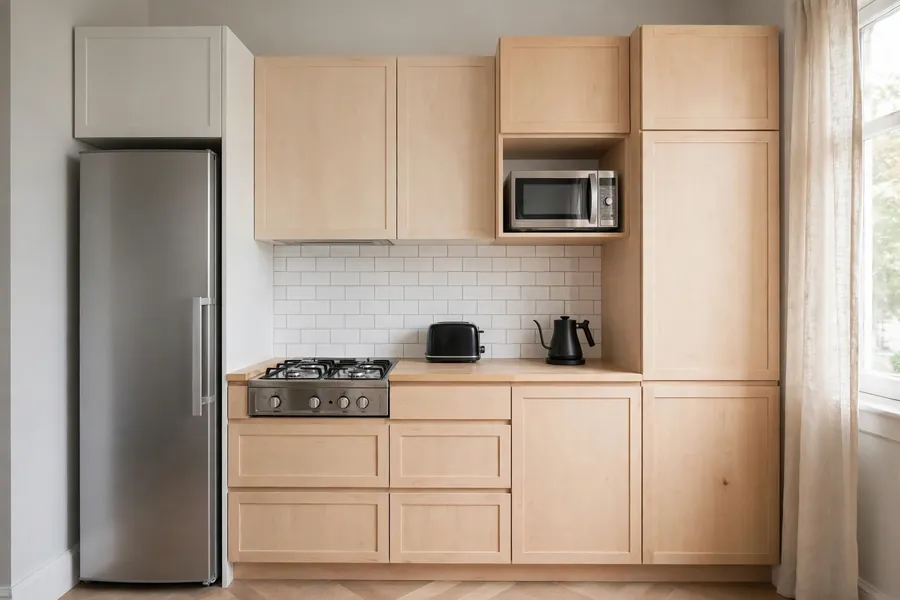 Small kitchen with a slim refrigerator, small range, and microwave tucked into a tall cabinet