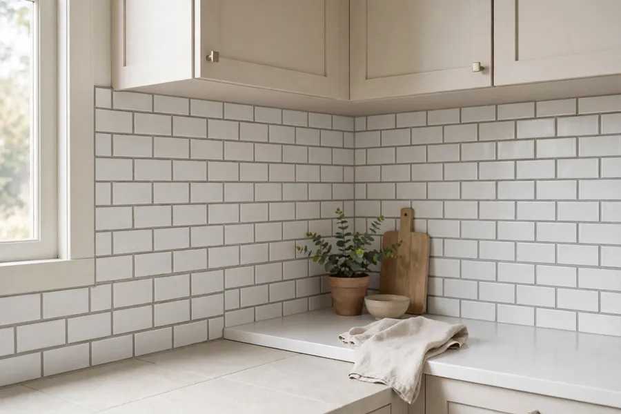 Light subway tile backsplash with grout lines above a bright counter and pale floor tile