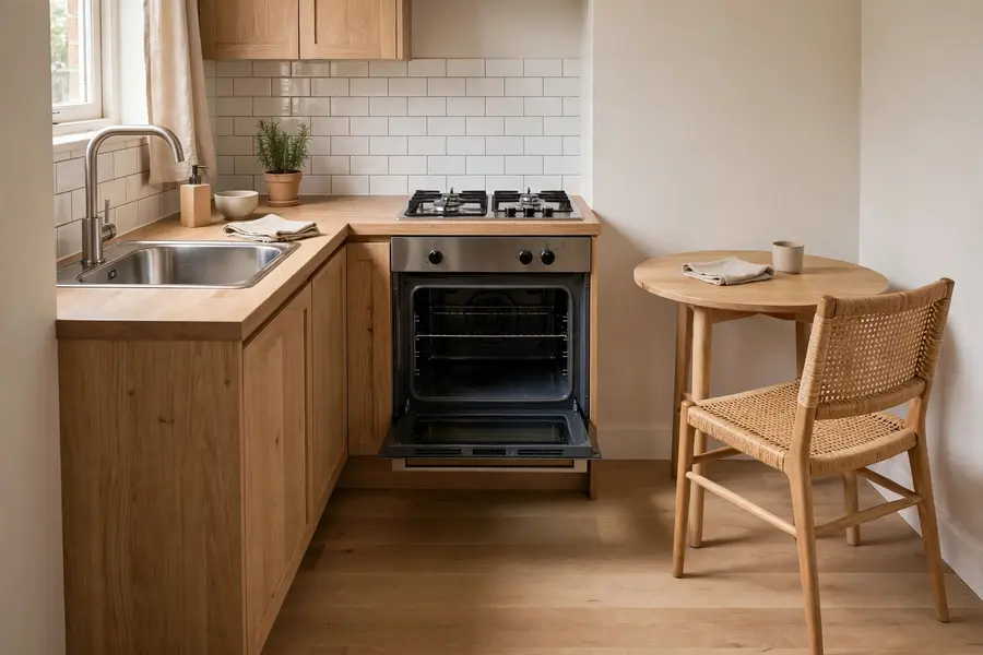 Small kitchen with an open oven door and a pulled-out chair, leaving clear floor in front of the sink and range