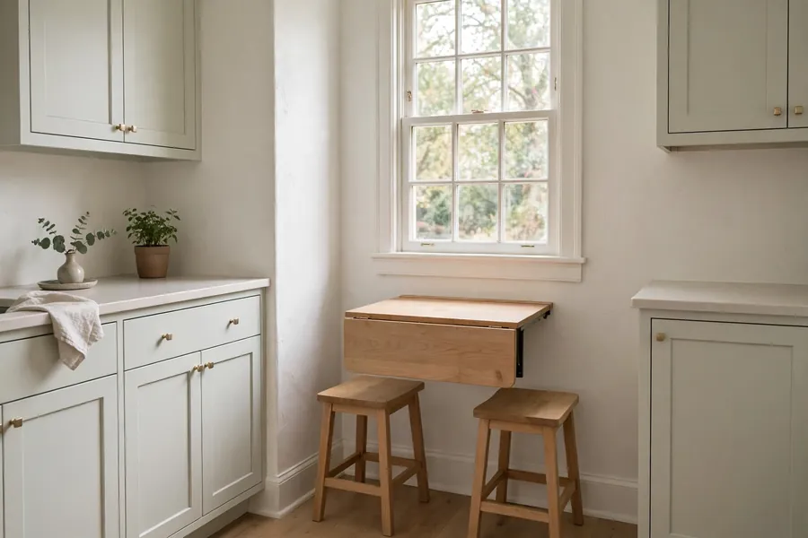 Fold-down table under a window with two stools tucked beneath it in a small kitchen