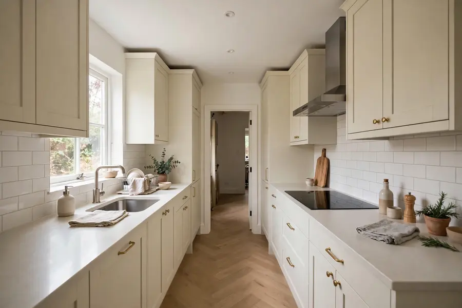 Small galley kitchen with two parallel runs, a sink on one side and a cooktop on the other, and a clear walkway between them