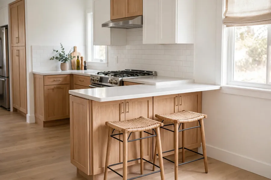 Narrow peninsula in a small kitchen with two stools tucked under and clear floor around it