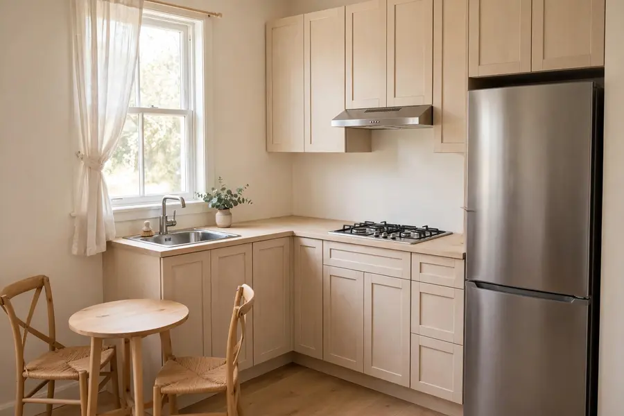 Small L-shaped kitchen with sink, cooktop, and refrigerator on two adjoining walls and a small round table in the open corner