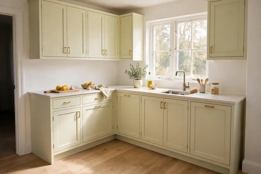 Small kitchen with pale cream cabinets, white walls, light wood floor, and daylight from a window
