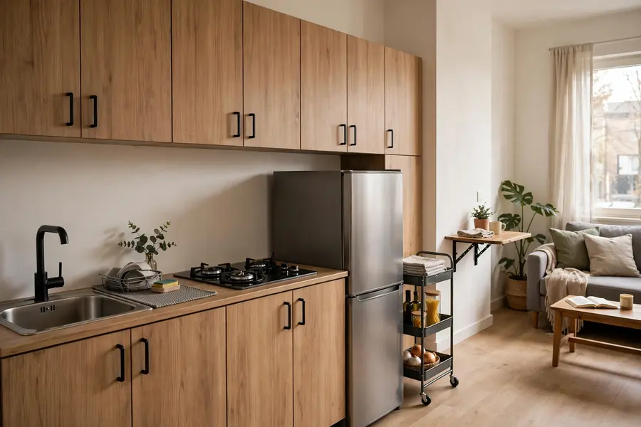Compact one-wall kitchen in a studio apartment with a single run, a rolling cart, and a fold-down table